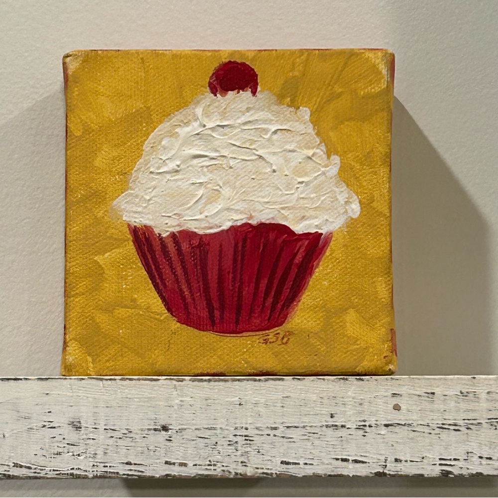 Hand painted Cupcake Canvas 3D Frosting mini art 4x4 Thick Chunky Frame Signed